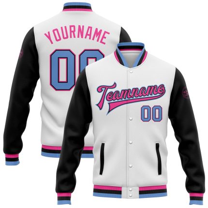 Custom Bomber Jacket White Light Blue Black Pink Two Tone Full-Snap Varsity Letterman Custom White Light Blue Black-Pink