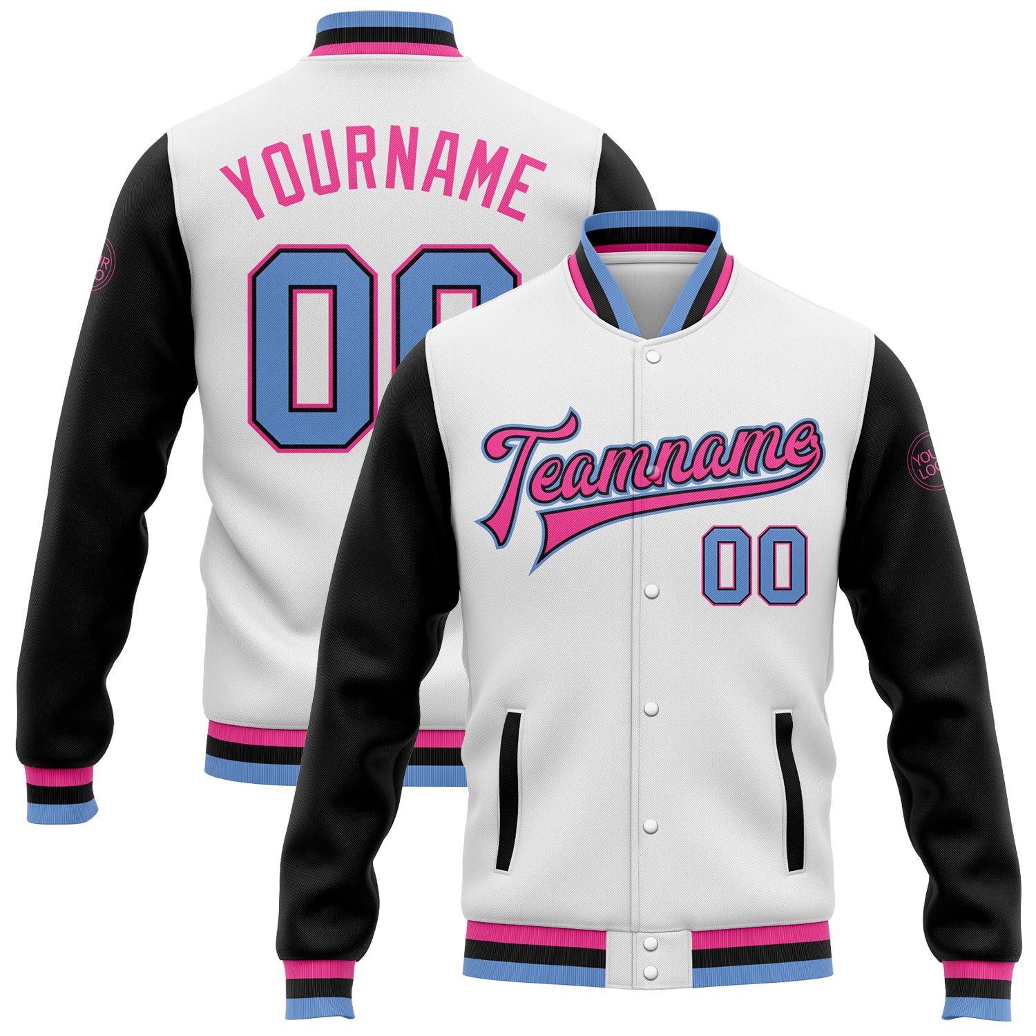 Custom Bomber Jacket White Light Blue Black Pink Two Tone Full-Snap Varsity Letterman Custom White Light Blue Black-Pink