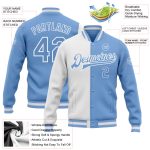 Custom Bomber Jacket Light Blue Varsity Letterman Full-Snap Fashion Split Design Custom White Light Blue Bomber Full-Snap