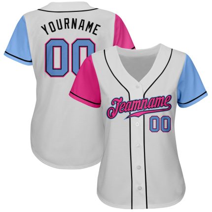 Custom white, light blue and pink two-tone baseball jersey, back view