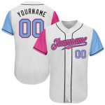 Custom white, light blue and pink two-tone baseball jersey