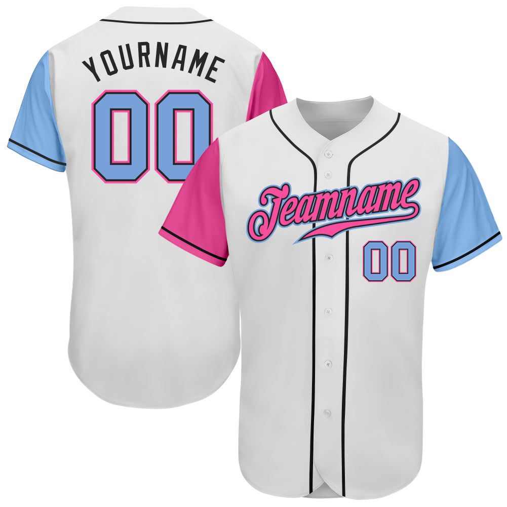 Custom white, light blue and pink two-tone baseball jersey