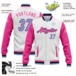 Custom Two Tone Bomber Jacket White Light Blue Pink Black Full-Snap Varsity Letterman Custom White Light Blue Pink-Black