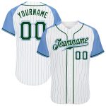 Authentic Baseball Jersey Custom Light Blue Pinstripe Green Raglan Sleeves Custom White Light Blue Pinstripe Green-Light