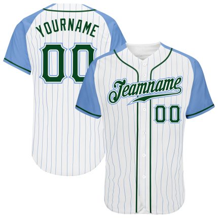 Authentic Baseball Jersey Custom Light Blue Pinstripe Green Raglan Sleeves Custom White Light Blue Pinstripe Green-Light
