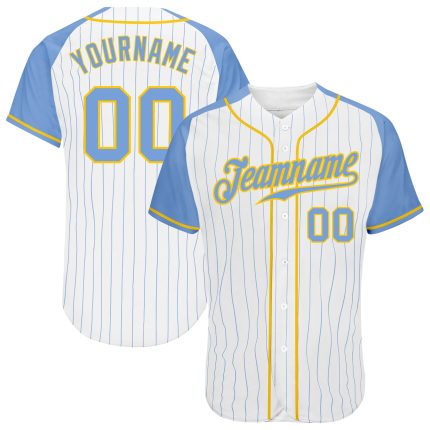 Custom Light Blue Gold Pinstripe Baseball Jersey with Authentic Raglan Sleeves Custom White Light Blue Pinstripe Light Blue-Gold