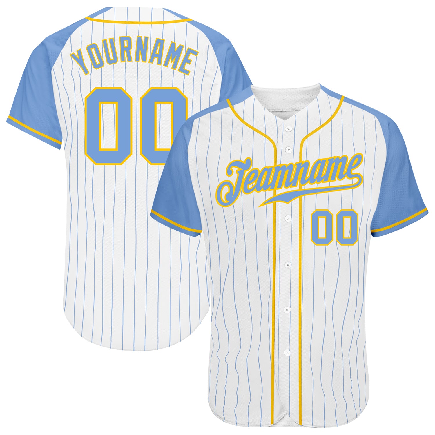 Custom Light Blue Gold Pinstripe Baseball Jersey with Authentic Raglan Sleeves Custom White Light Blue Pinstripe Light Blue-Gold