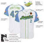 Custom Light Blue Pinstripe Baseball Jersey with Neon Green Raglan Sleeves - Authentic Style Custom White Light Blue Pinstripe