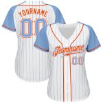 Custom Light Blue Orange Pinstripe Baseball Jersey with Raglan Sleeves - Authentic Design Custom White Light Blue Pinstripe
