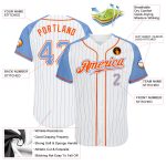Custom Light Blue Orange Pinstripe Baseball Jersey with Raglan Sleeves - Authentic Design Custom White Light Blue Pinstripe