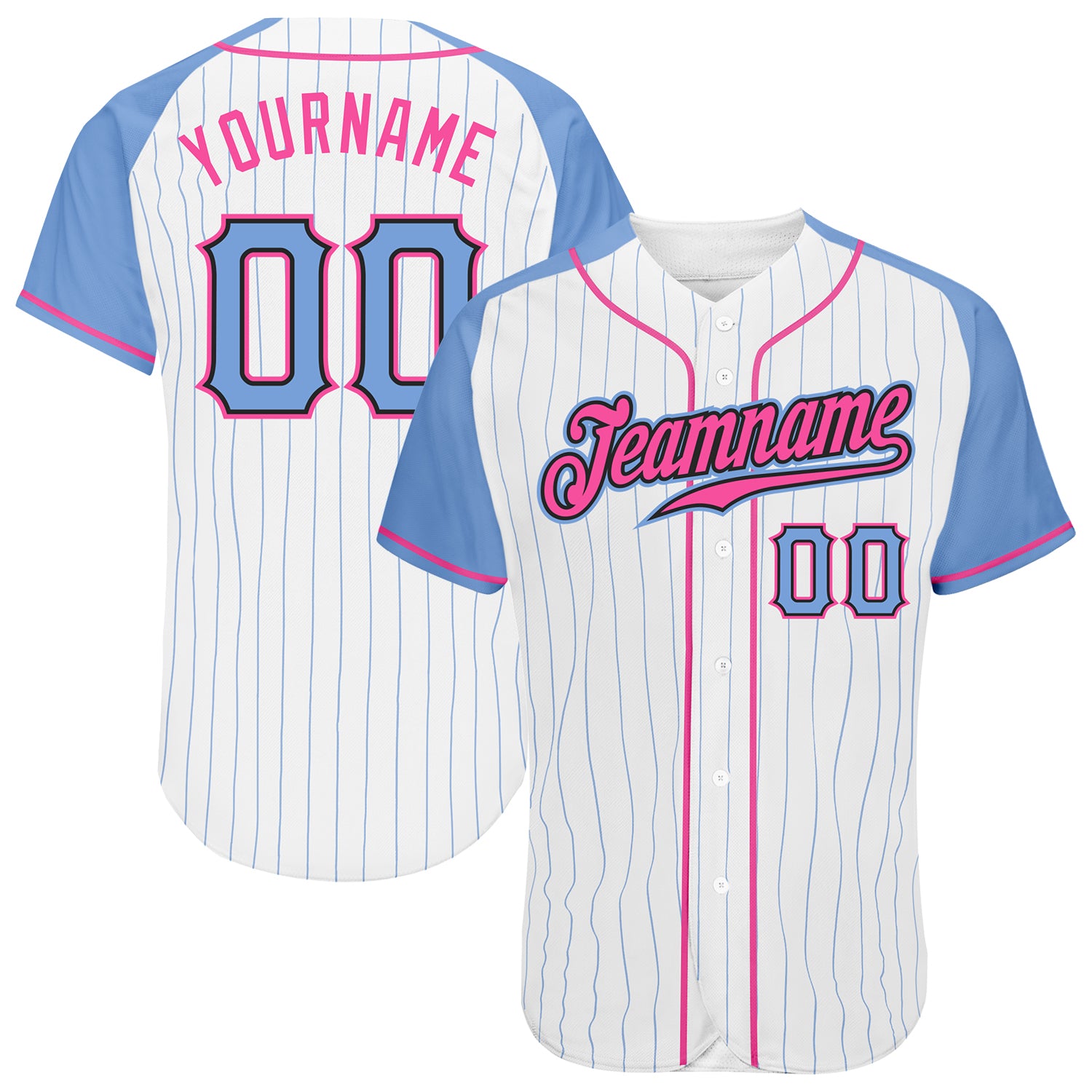 Custom Light Blue-Pink Pinstripe Baseball Jersey with Raglan Sleeves Custom White Light Blue Pinstripe Light Blue-Pink Authentic
