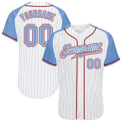 Custom Light Blue-Red Pinstripe Baseball Jersey with Raglan Sleeves Custom White Light Blue Pinstripe Light Blue-Red Authentic