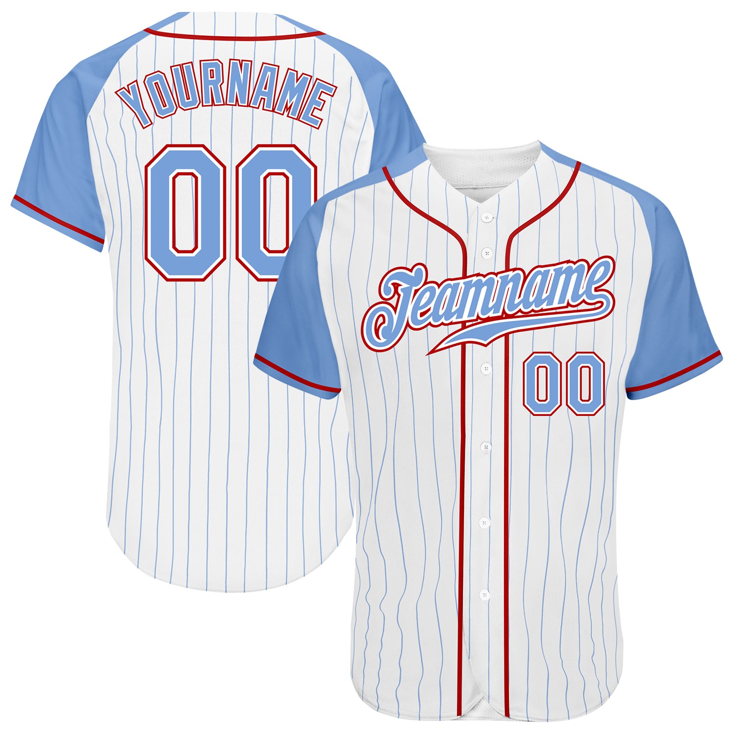 Custom Light Blue-Red Pinstripe Baseball Jersey with Raglan Sleeves Custom White Light Blue Pinstripe Light Blue-Red Authentic