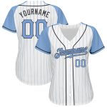 Custom Light Blue Pinstripe Baseball Jersey for Fathers Day - Authentic Raglan Sleeves in White & Steel Gray Custom White