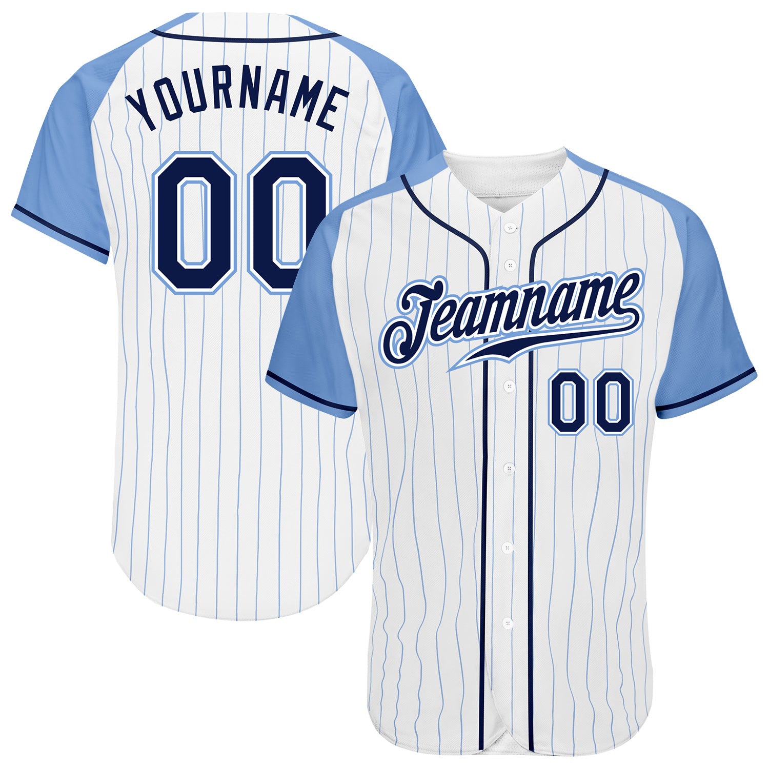 Custom White Light Blue Pinstripe Navy-Light Blue Authentic Raglan Sleeves Baseball Jersey Custom Light Blue Pinstripe Navy Baseball Jersey Authentic Raglan Sleeves Custom White Light Blue Pinstripe Navy-Light Blue