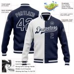 Custom White Navy Bomber Varsity Letterman Fashion Jacket Full-Snap Design Custom White Navy Bomber Full-Snap Varsity Letterman
