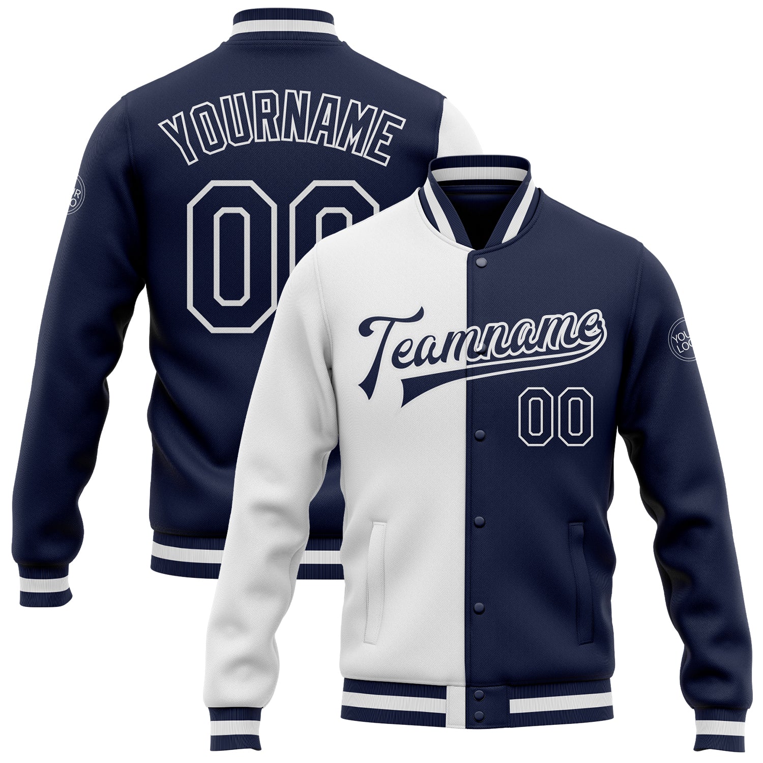 Custom White Navy Bomber Varsity Letterman Fashion Jacket Full-Snap Design Custom White Navy Bomber Full-Snap Varsity Letterman