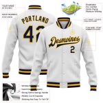 Custom Navy Gold Bomber Varsity Letterman Jacket Full-Snap Design Custom White Navy-Gold Bomber Full-Snap Varsity Letterman