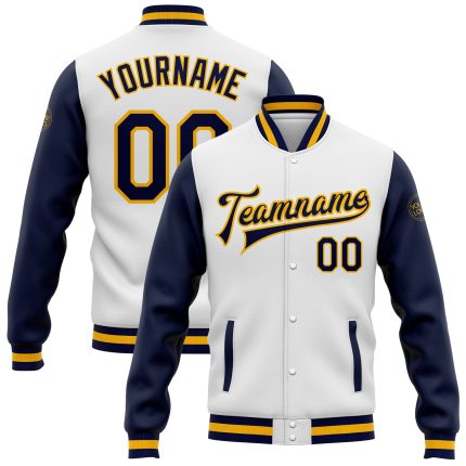 Custom Bomber Jacket Navy Gold Full-Snap Two Tone Varsity Letterman Mens Outerwear Custom White Navy-Gold Bomber Full-Snap