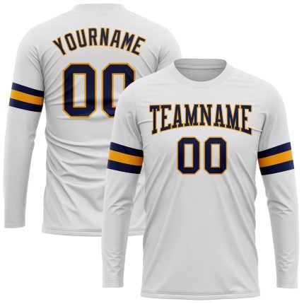 Custom Navy Gold Long Sleeve Performance T-Shirt for Men and Women Custom White Navy-Gold Long Sleeve Performance T-Shirt