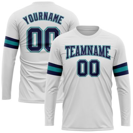 Custom Long Sleeve Performance T-Shirt in White Navy Gray Aqua Custom White Navy Gray-Aqua Long Sleeve Performance T-Shirt