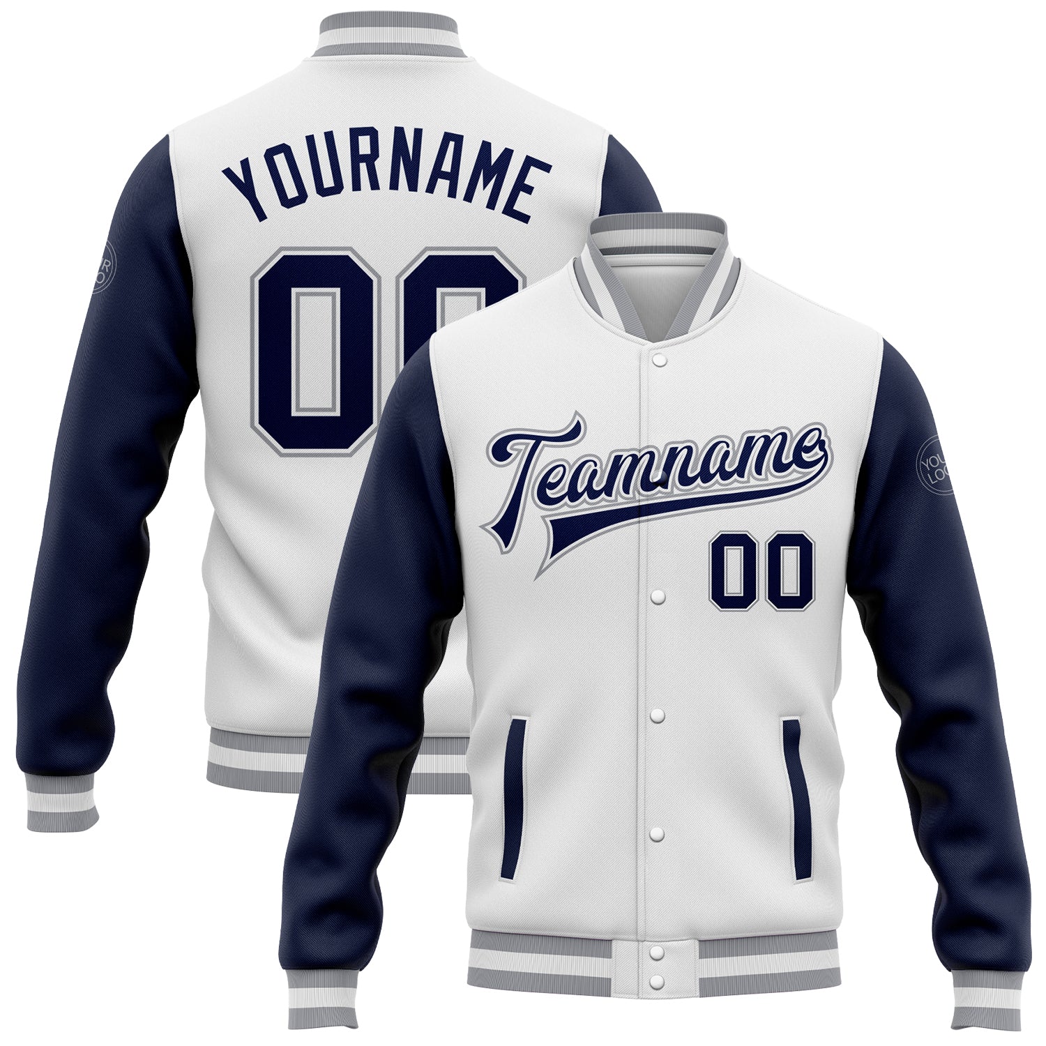 Custom Two-Tone Varsity Letterman Bomber Jacket - White Navy-Gray Full-Snap Style Custom White Navy-Gray Bomber Full-Snap