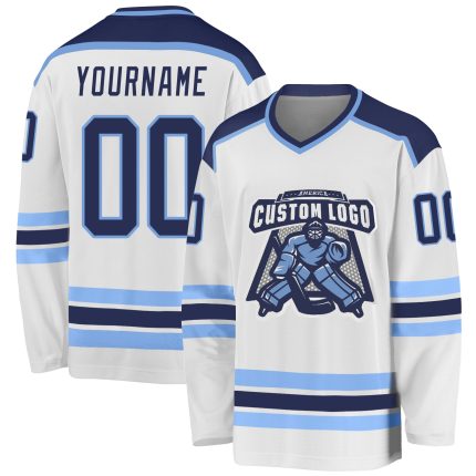 Custom Hockey Jersey - White Navy-Light Blue Design, Personalized Sports Apparel for Teams Custom White Navy-Light Blue Hockey