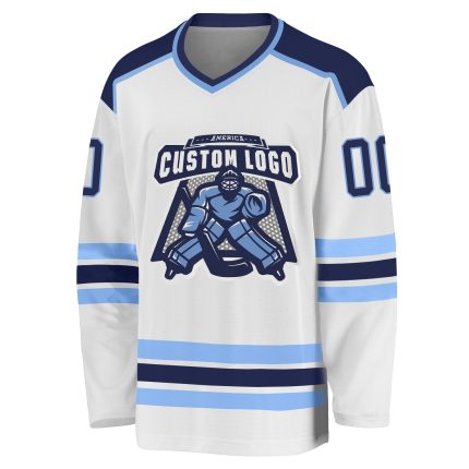 Custom Hockey Jersey - White Navy-Light Blue Design, Personalized Sports Apparel for Teams Custom White Navy-Light Blue Hockey