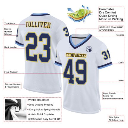 Custom White Navy Light Blue Mesh Football Jersey - Authentic Throwback Style Custom White Navy-Light Blue Mesh Authentic