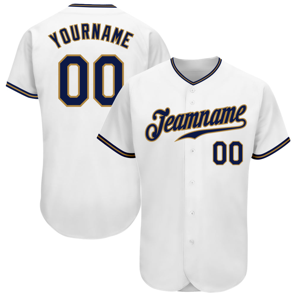 Custom White Navy-Old Gold Authentic Baseball Jersey Custom Authentic Baseball Jersey - White Navy Old Gold Design Custom White Navy-Old Gold Authentic Baseball Jersey