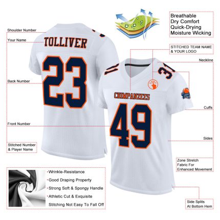 Custom Navy Orange Football Jersey - Authentic Mesh Design, Customizable Team Apparel Custom White Navy-Orange Mesh Authentic