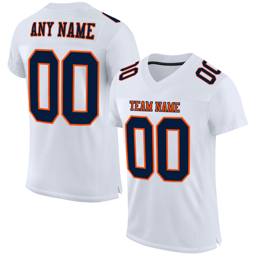 Custom Navy Orange Football Jersey - Authentic Mesh Design, Customizable Team Apparel Custom White Navy-Orange Mesh Authentic
