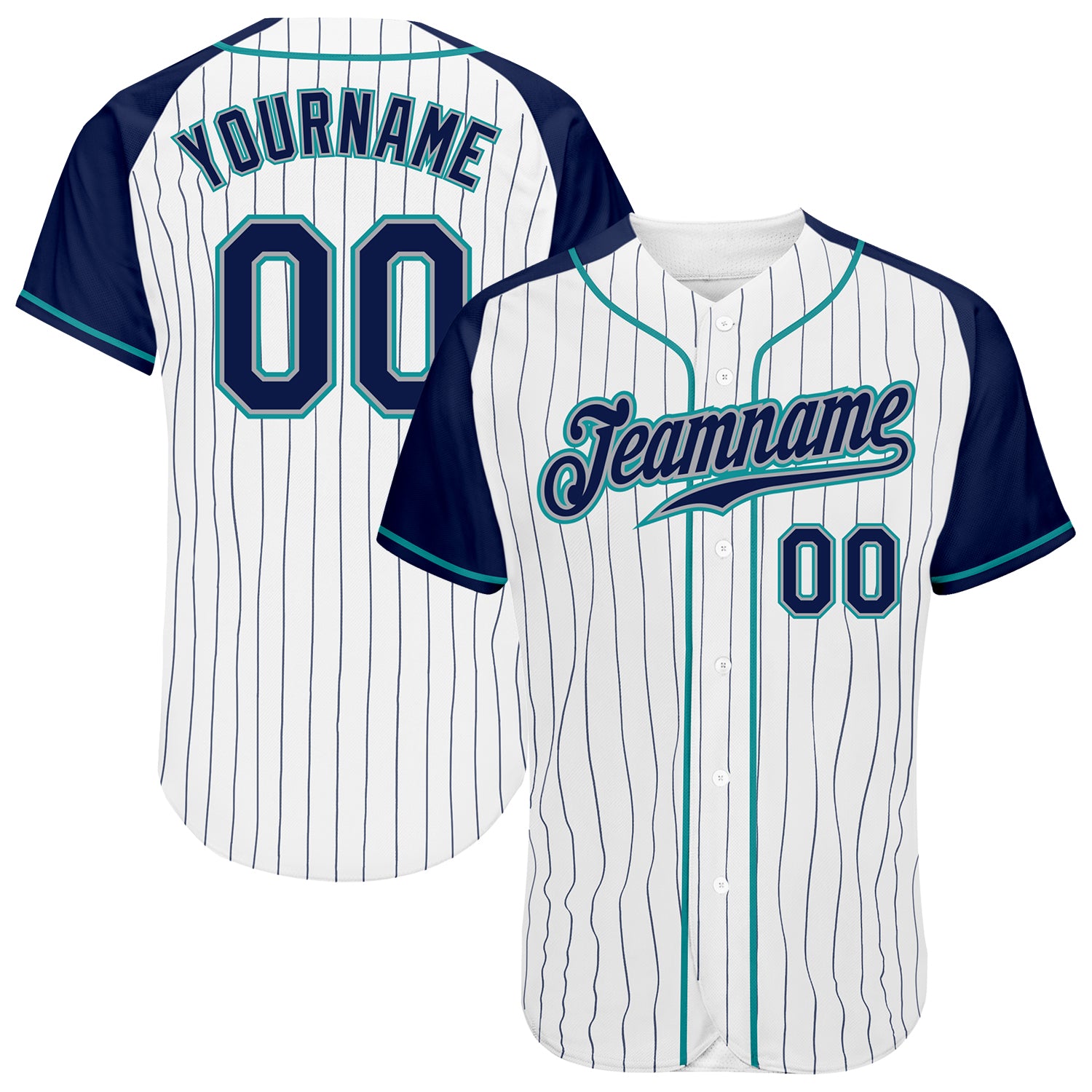 Custom Navy Aqua Pinstripe Baseball Jersey - Authentic Raglan Sleeves - Personalized Design Custom White Navy Pinstripe Navy-Aqua