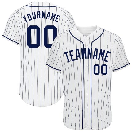 Custom Navy Pinstripe Baseball Jersey, Authentic Style 7312 - White & Navy Design Custom White Navy Pinstripe Navy Authentic
