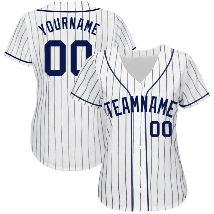 Custom Navy Pinstripe Baseball Jersey - Authentic White and Navy Design Custom White Navy Pinstripe Navy Authentic Baseball