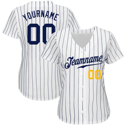 Custom Navy Gold Pinstripe Baseball Jersey - Authentic White Navy Design Custom White Navy Pinstripe Navy-Gold Authentic