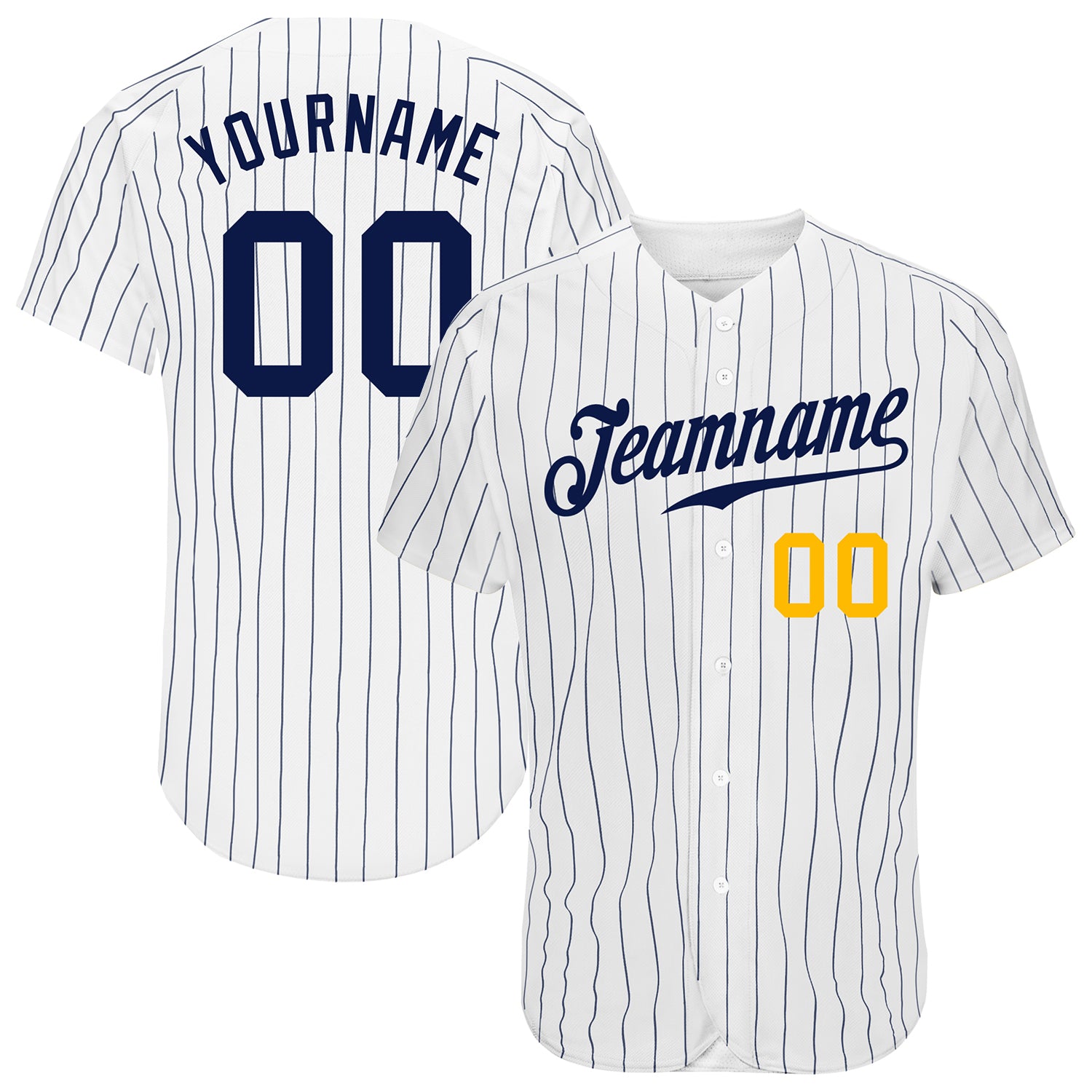 Custom Navy Gold Pinstripe Baseball Jersey - Authentic Style 6921, White & Navy Design Custom White Navy Pinstripe Navy-Gold