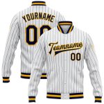 Custom Navy Gold Pinstripe Bomber Jacket Full-Snap Varsity Letterman Jacket Custom White Navy Pinstripe Navy-Gold Bomber