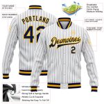 Custom Navy Gold Pinstripe Bomber Jacket Full-Snap Varsity Letterman Jacket Custom White Navy Pinstripe Navy-Gold Bomber