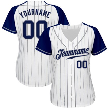 Custom Navy Pinstripe Baseball Jersey with Gray Authentic Raglan Sleeves - White Color Option Custom White Navy Pinstripe