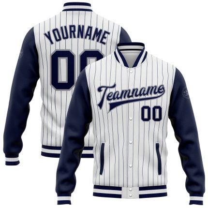 Custom Navy Gray Pinstripe Full-Snap Varsity Letterman Bomber Jacket - Two Tone Design Custom White Navy Pinstripe Navy-Gray