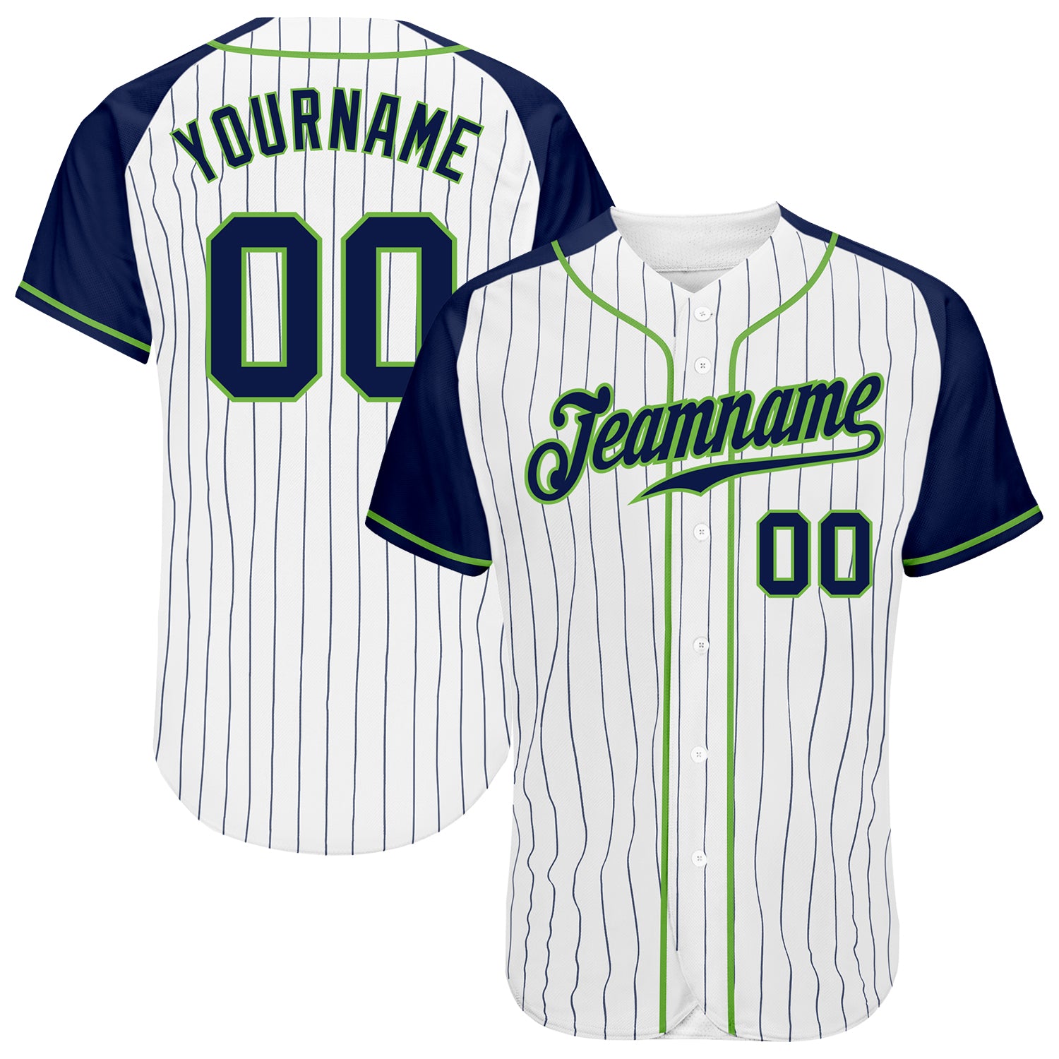 Custom Navy Neon Green Pinstripe Baseball Jersey with Authentic Raglan Sleeves Custom White Navy Pinstripe Navy-Neon Green