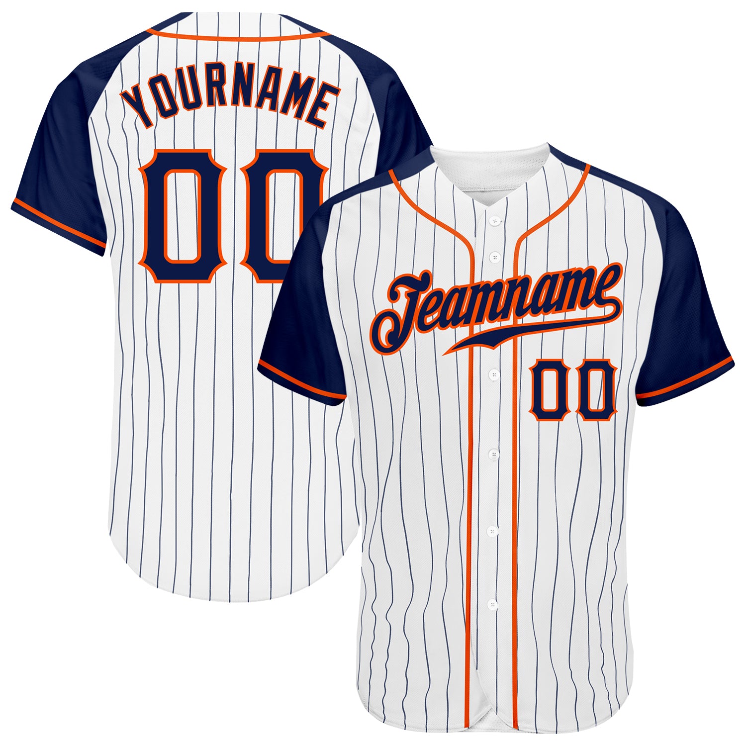 Custom White Navy Pinstripe Navy-Orange Authentic Raglan Sleeves Baseball Jersey Custom Navy-Orange Pinstripe Baseball Jersey with Raglan Sleeves - Authentic Design Custom White Navy Pinstripe Navy-Orange