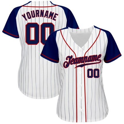 Custom Navy Red Baseball Jersey with White Navy Pinstripe Raglan Sleeves Custom White Navy Pinstripe Navy-Red Authentic Raglan