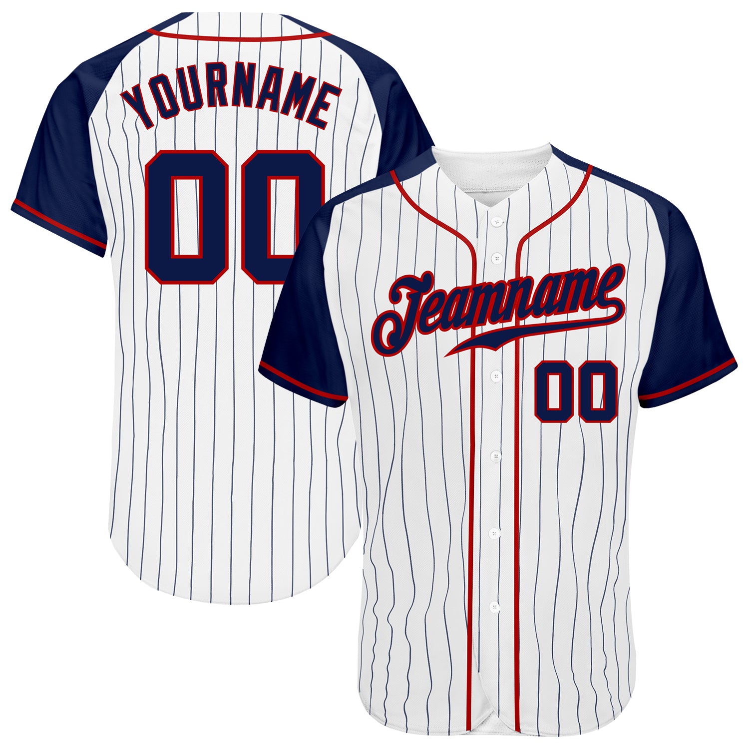 Custom Navy Red Baseball Jersey with White Navy Pinstripe Raglan Sleeves Custom White Navy Pinstripe Navy-Red Authentic Raglan