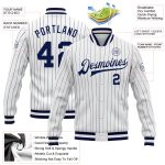Custom Navy-White Pinstripe Varsity Letterman Bomber Jacket Full-Snap Custom White Navy Pinstripe Navy-White Bomber Full-Snap