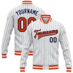Navy Pinstripe Orange Varsity Letterman Jacket - Custom Full-Snap Bomber Style Custom White Navy Pinstripe Orange-Navy Bomber