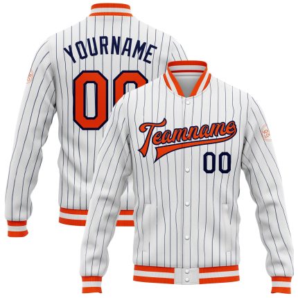 Navy Pinstripe Orange Varsity Letterman Jacket - Custom Full-Snap Bomber Style Custom White Navy Pinstripe Orange-Navy Bomber