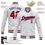 Custom Navy Pinstripe Red-Navy Bomber Jacket Full-Snap Varsity Letterman Style Custom White Navy Pinstripe Red-Navy Bomber