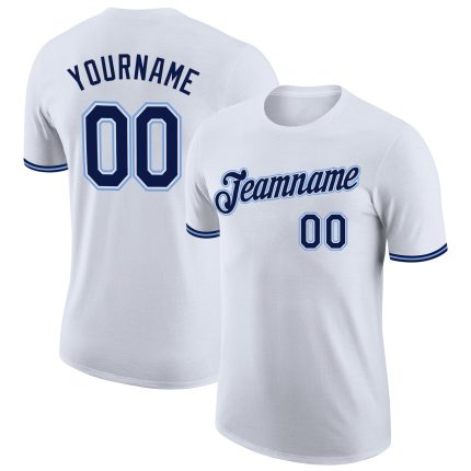 Custom Performance T-Shirt in White, Navy, and Powder Blue for Men and Women Custom White Navy-Powder Blue Performance T-Shirt